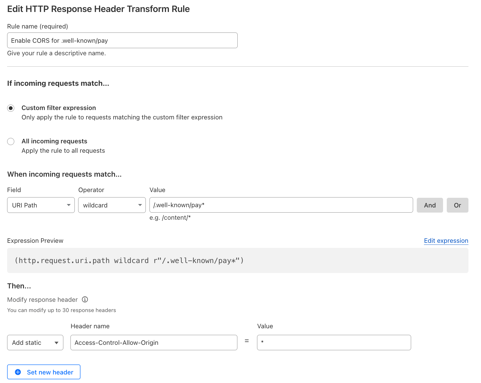 Screenshot of Cloudflare dashboard with a transform rule to support CORS for our wallet address
