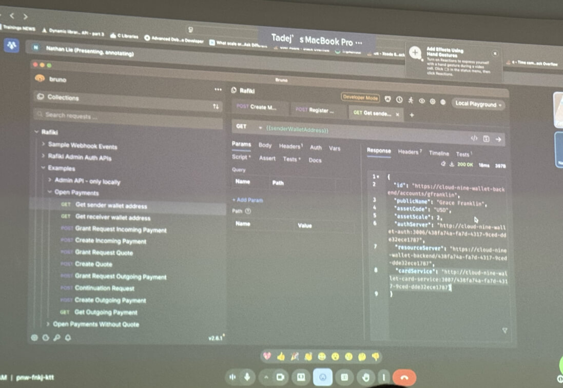 Code examples of the POS service displayed on a wall via projector.