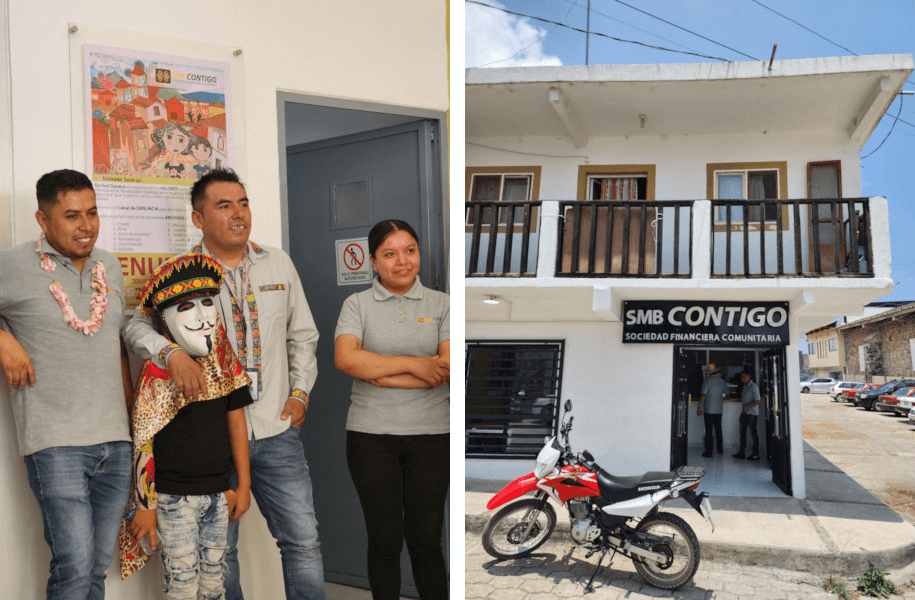 Collage of two images: Left—three adult Mexicans and one child in a room, with the child wearing a traditional mask; Right—a small local bank situated on the ground floor of a two-story residential building.
